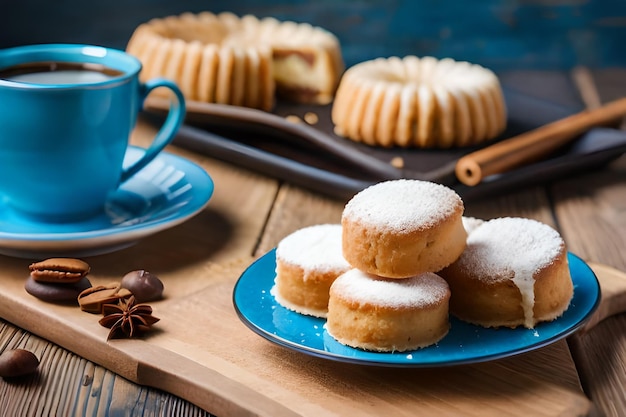 un plato de galletas con una taza de café encima