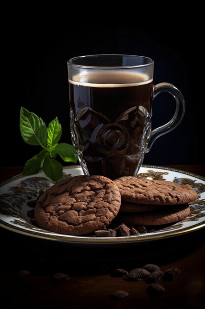 Un plato de galletas y una taza de café sentados en una mesa