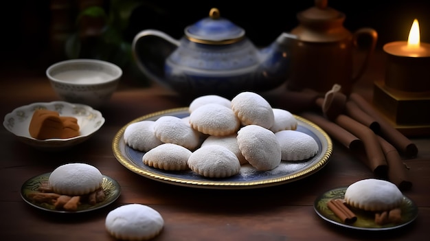 Un plato de galletas con una tetera al lado.