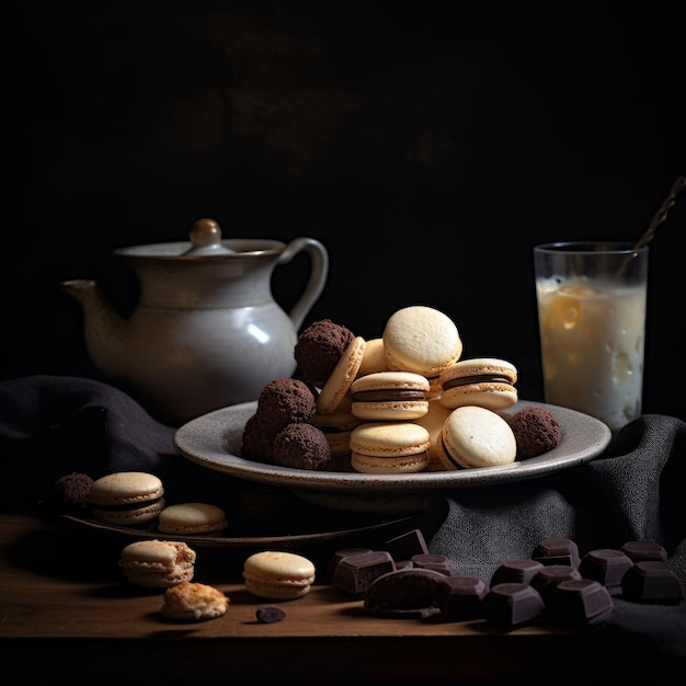 Un plato de galletas y un vaso de leche con una pajita.