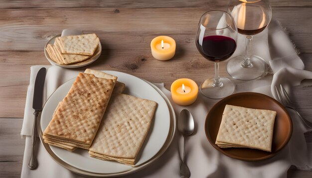 un plato de galletas y un vaso de vino con una vela en él