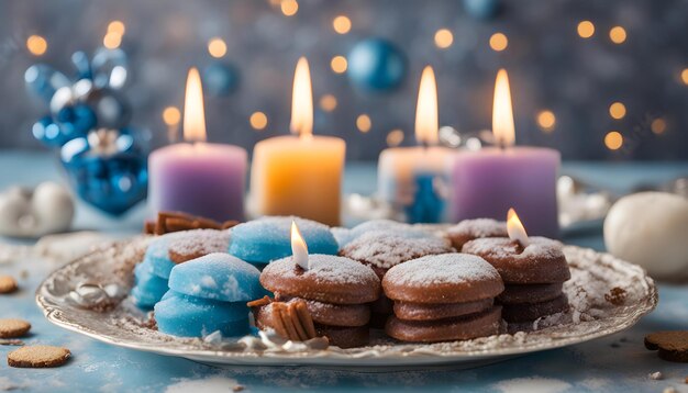 un plato de galletas con velas y velas en el fondo