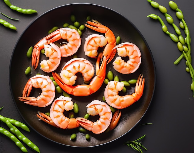 Un plato de gambas con guisantes y judías verdes sobre un fondo negro.