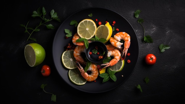 Un plato de gambas con limones y hierbas sobre un fondo negro