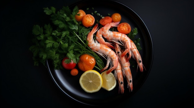 Un plato de gambas y limones con perejil al lado.