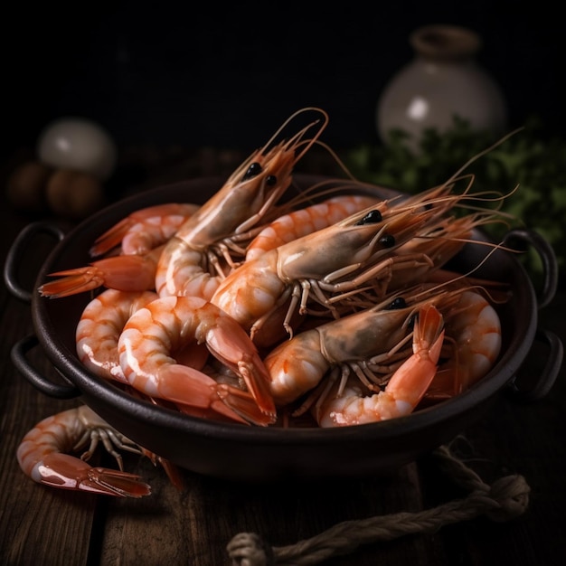 Un plato de gambas con un plato de ajo sobre la mesa.