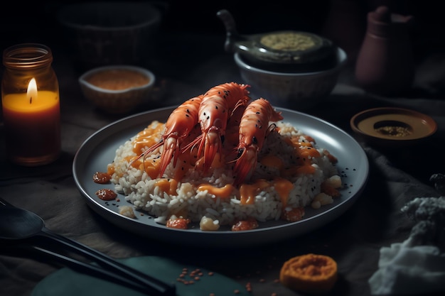 Un plato de gambas con un plato de arroz y salsa.