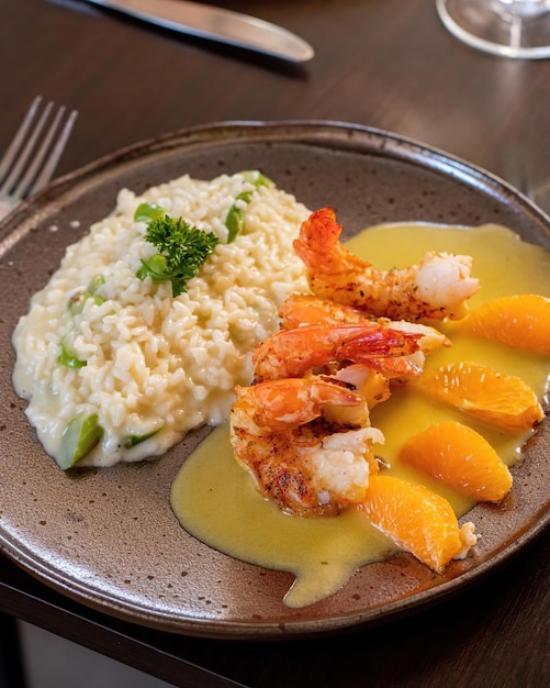 Un plato de gambas y risotto con salsa de naranja.