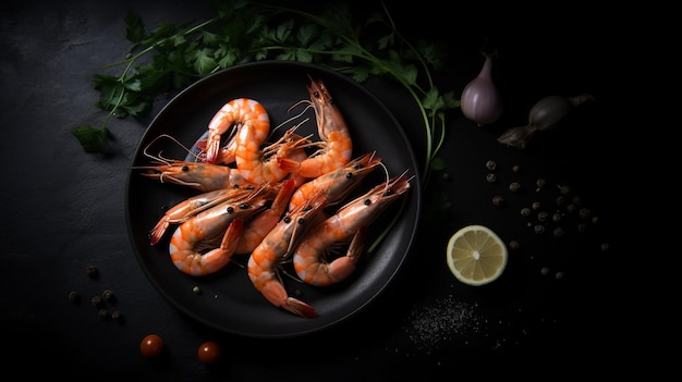 Un plato de gambas sobre un fondo negro.