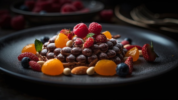 Un plato de gofres de chocolate con fruta