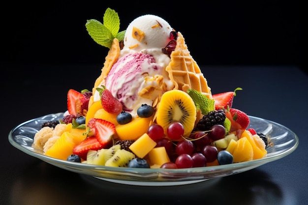 Foto un plato de gofres de cono de helado con fondo negro.