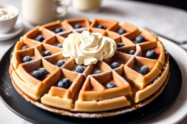 Un plato de gofres con crema batida y arándanos