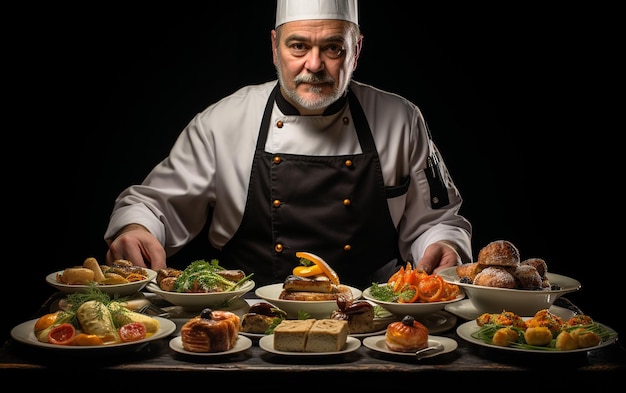 El plato gourmet de la capa blanca del chef