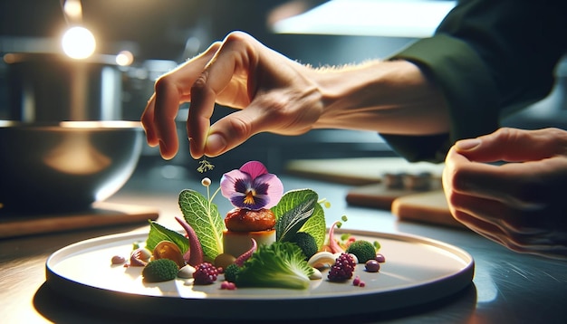 Foto un plato gourmet que se prepara en la cocina de un restaurante de lujo