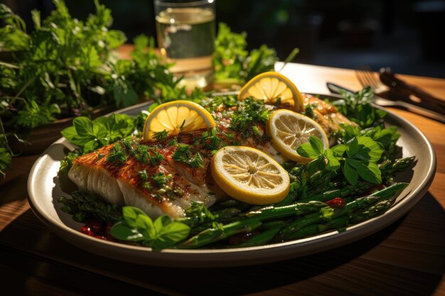 Plato gourmet de tilapia al vapor con espárragos frescos generativa IA