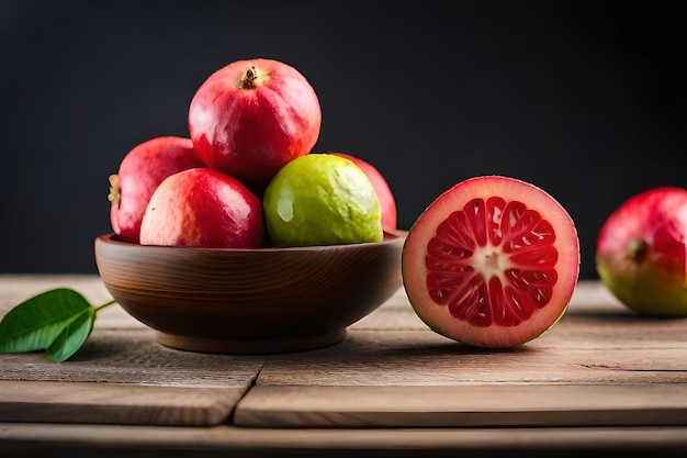 Un plato de granadas y una manzana verde.