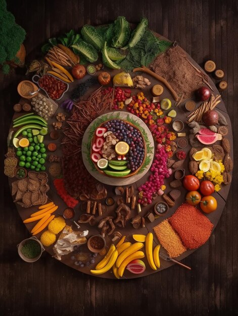 Un plato grande de frutas y verduras que incluye una variedad de frutas y verduras.