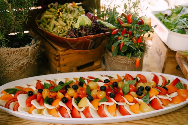 Plato grande con tomate y queso mozzarella caprese snack sobre la mesa con bandeja de ensalada y caliente