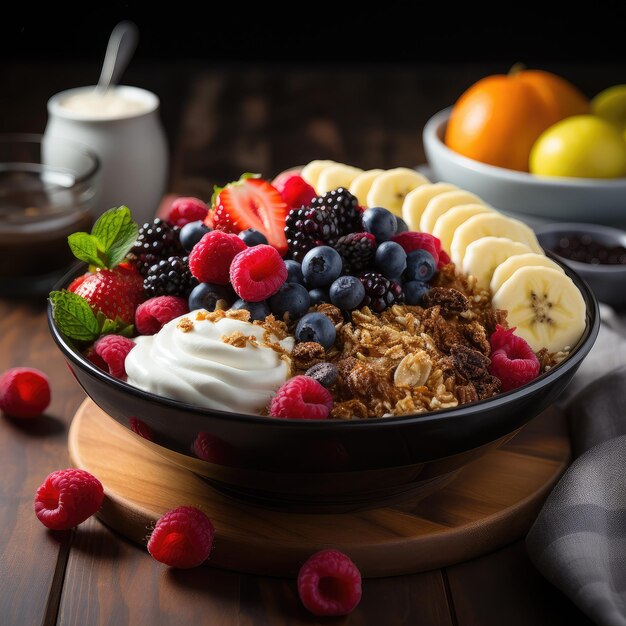 Un plato con granola de yogur natural y frutas frescas y bayas delicioso y saludable desayuno