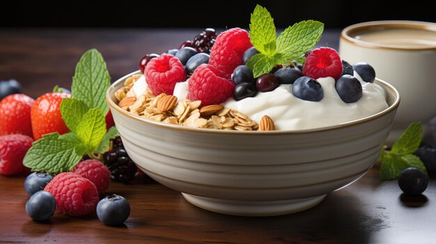 Un plato con granola de yogur natural y frutas frescas y bayas delicioso y saludable desayuno