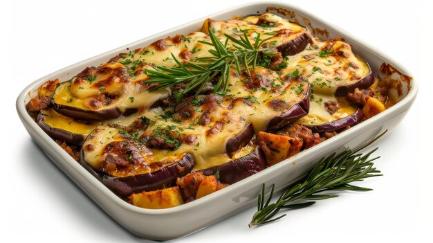 Plato griego de moussaka sobre un fondo blanco