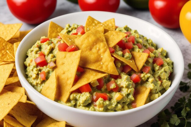 Un plato de guacamole con chips de tortilla al lado.