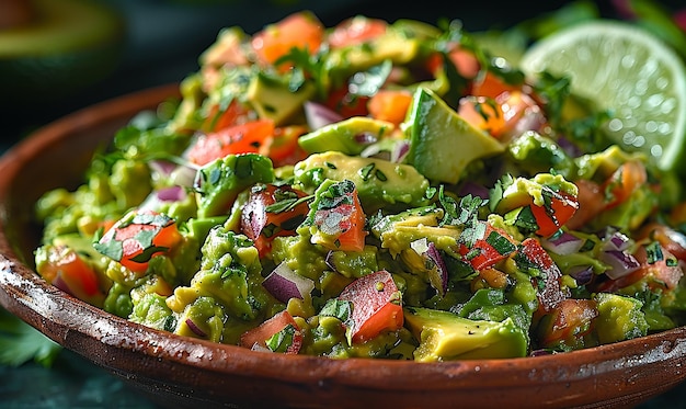 un plato de guacamole con una ensalada en él