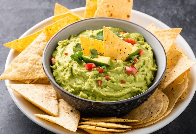 Foto un plato de guacamole con papas fritas de tortilla