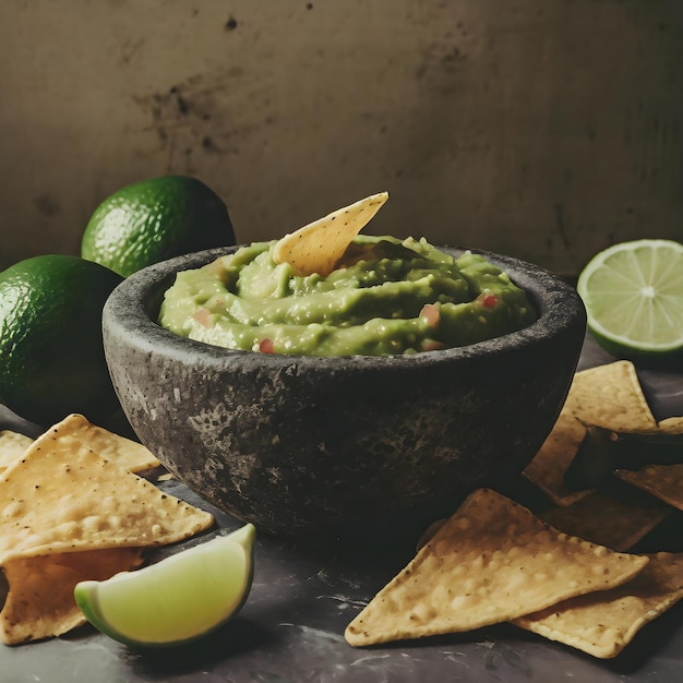 Foto un plato de guacamole y papas fritas