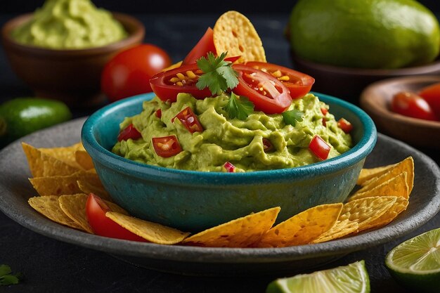 Plato de guacamole con verduras de colores