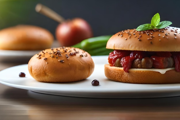 Un plato de hamburguesas con salsa de tomate rojo y pimiento verde.