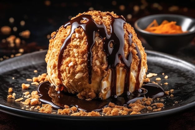 Un plato de helado con una bola de helado y salsa de chocolate.