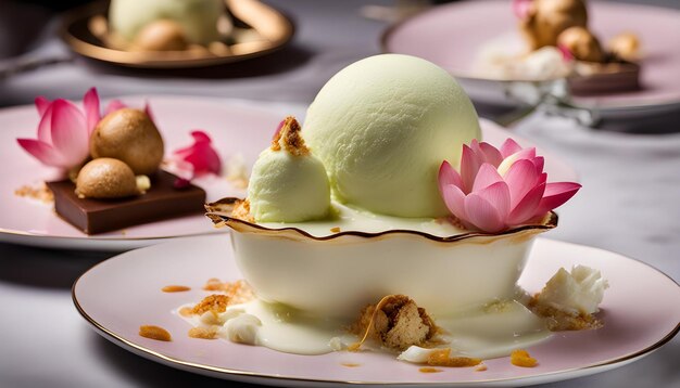 un plato con helado y una flor en él