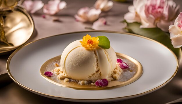 Foto un plato con helado y flores en él