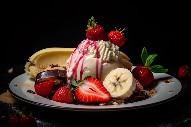 Un plato de helado con plátanos, fresas y chispas de chocolate.