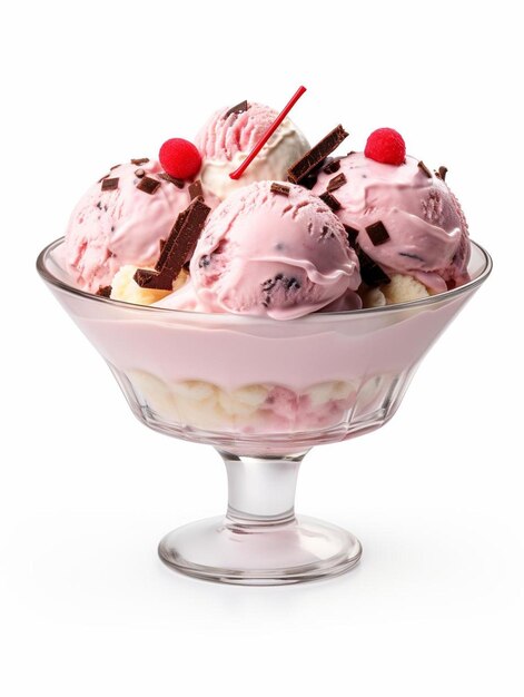 un plato de helado rosa con dos cerezas en la parte superior.