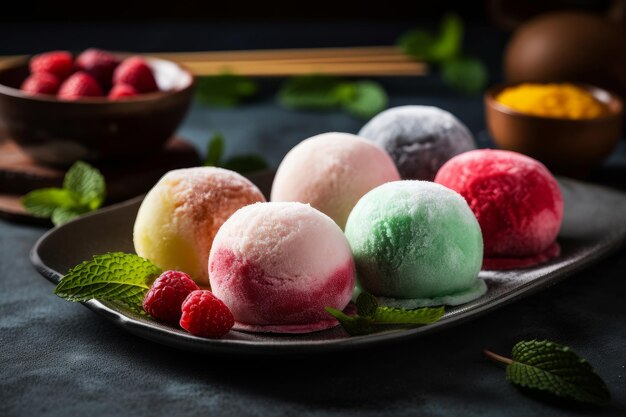 Un plato de helados congelados con hojas de menta al lado.