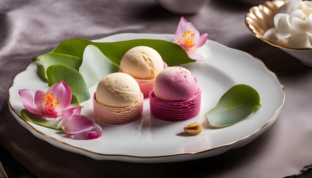 un plato de helados con una flor en él