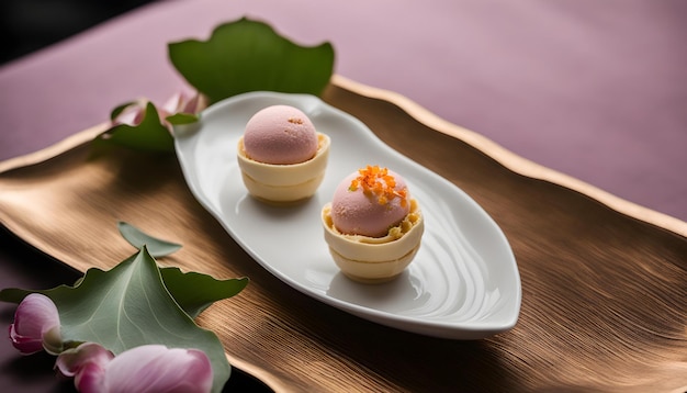 Foto un plato de helados con una flor en él