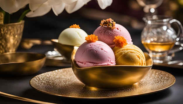 un plato de helados con una placa de oro con una flor en él