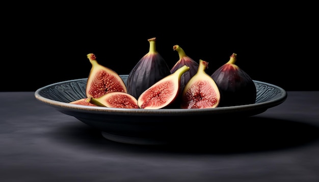 Foto un plato de higos sobre un fondo negro