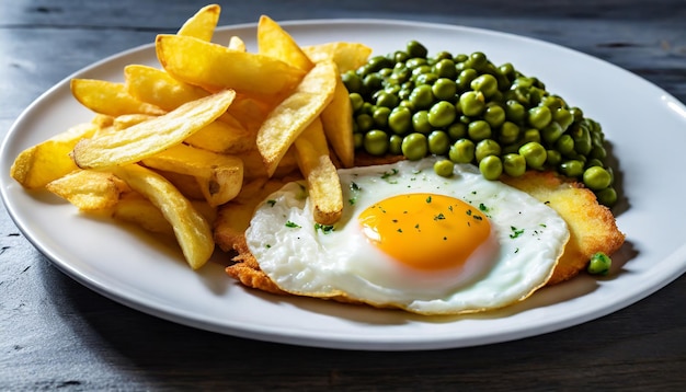 Plato hiperrealista de huevos y papas fritas con guisantes