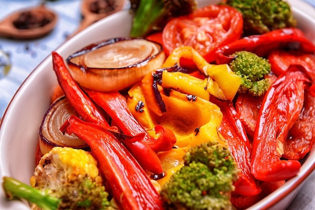 Foto plato para hornear con verduras cocidas closeup