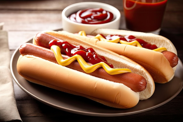 Plato de hot dogs apilados con ketchup y mostaza