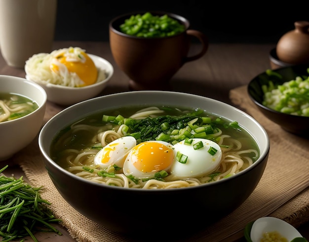 Un plato de huevo con fideos