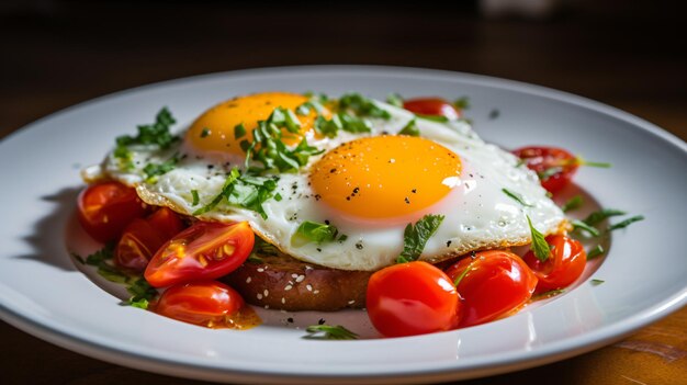 Un plato con un huevo frito y tomates frescos