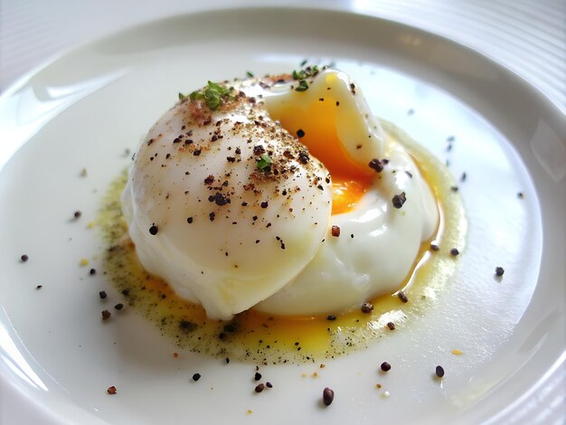 un plato con huevos y condimentos en él