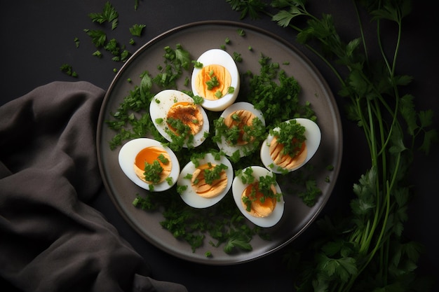 Un plato de huevos duros con perejil encima