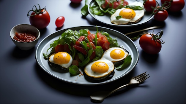 Un plato de huevos con una ensalada al lado.