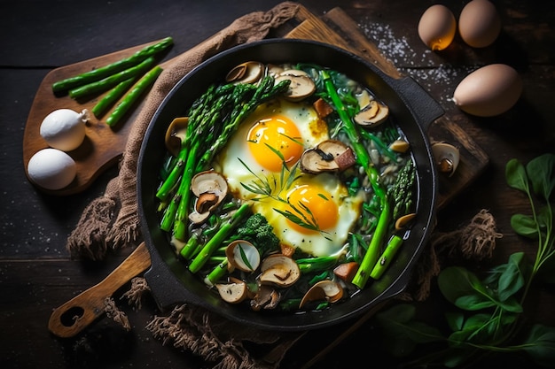 Un plato de huevos con espárragos y setas en una mesa de madera.